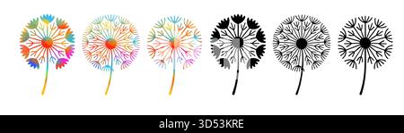 Ein Satz verschiedener dekorativer Löwenzahn. Handgezeichnet. Nicht KI, Stock Vektor