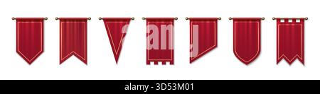 Roter mittelalterlicher Wimpel mit goldenen Borten und Stangen für königliche oder Turnierdekoration. Purpurrote Banner, dreieckige Schilde, spitze Fahnen und verschiedene Schnitte für Schlossveranstaltungen oder historische Themen. Stock Vektor