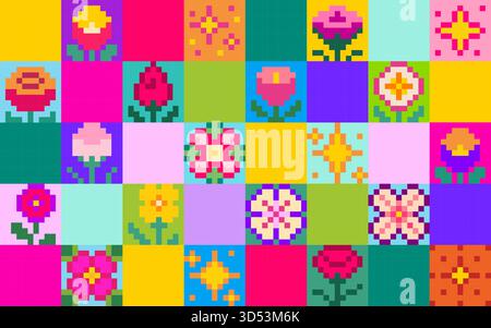 Pixelblüten-y2k-Mosaik mit Fliesenmuster und nahtlosem Gitter. Farbenfrohe 8-Bit-Spielikonen mit Frühlingsblüten in lebendiger Retro-Gaming-Ästhetik für nostalgische digitale Projekte oder dekorative Textilien. Stock Vektor