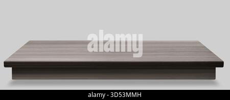 Hölzerne Tischplatte in perspektivischer Ansicht – dunkelgraue Schreibtischoberfläche mit horizontaler Dielenstruktur auf neutralem Hintergrund. Leerer realistischer Plattformplatz für Produktfotografie oder Innenarchitektur-Mockups. Stock Vektor