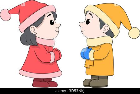 Vektor-Karikaturillustration von zwei Kindern, einem Jungen und einem Mädchen, die sich gegenüberstehen, während sie rote und weiße Weihnachts-Winteroutfits tragen Stock Vektor