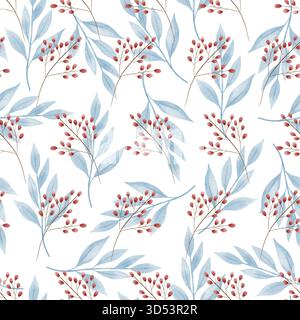 Nahtloses Muster mit blauen Zweigen und roten Beeren im Aquarellstil. Ideal für Winterpapier, Textilien, Schreibwaren und festliche Wohnkultur Stockfoto
