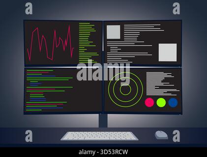 Vektordarstellung einer Workstation mit mehreren Monitoren, die Code, Diagramme, Systemdaten und Schnittstellenelemente auf vier Bildschirmen zeigt. Einrichtung des dunklen Arbeitsbereichs mit Tastatur und Maus Stock Vektor