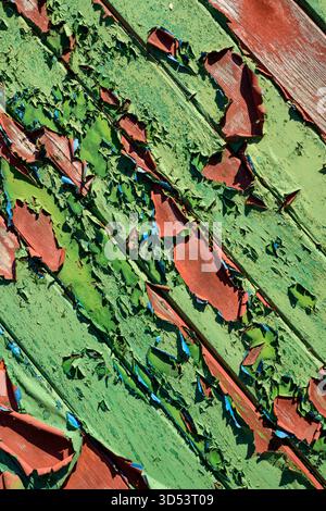 Abblätternde Farbe an einem Garagentor, Brechin, Angus, Schottland, Großbritannien. Stockfoto