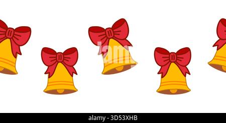 Ein fröhliches nahtloses Vektormuster mit goldenen Glocken mit leuchtend roten Schleifen. Diese klassischen Symbole der Freude sind perfekt für Weihnachten Stock Vektor