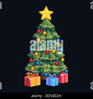 Pixelart Weihnachtsbaum mit Geschenken und Lichtern auf dunklem Hintergrund Stock Vektor