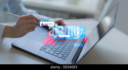 Sicherheitswarnung und Erkennung von Cyberbedrohungen auf der mobilen Anmeldeschnittstelle. Stockfoto