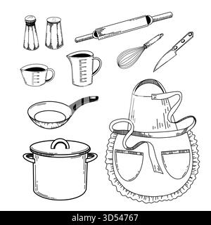 Eine Reihe von Vektor-Illustrationen zum Thema Küche, Schürze, Besteck, Lagerfeuer, Pfannen, Spannstift, Messbecher. Handgezeichnet in Tinte. Für Stock Vektor