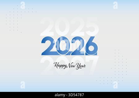 Ein sauberer und moderner abstrakter Hintergrund mit auffälliger blauer Typografie „2026“ mit Reflektionseffekt, subtilem „Happy New Year“-Schriftzug und verblassten Jahren Stock Vektor