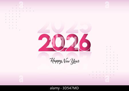 Ein fröhlicher und moderner abstrakter Hintergrund mit kräftiger rosafarbener Typografie „2026“ mit Reflektionseffekt und dezentem „Happy New Year“-Schriftzug Stock Vektor