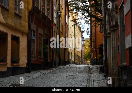 Altstadt in Stockholm, Schweden – eine enge Kopfsteinpflasterstraße, gesäumt von farbenfrohen historischen Gebäuden an einem Herbsttag. Stockfoto