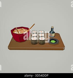 Sushi-Set isoliert auf weißem Hintergrund 3D-Illustration Stockfoto