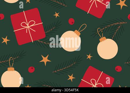 Nahtloses Muster für weihnachtsfeiertage mit Tannenzweigen, Geschenken, Kugeln, Beeren und goldenen Sternen; ideal zum Einpacken, Grußkarten, Social Med Stock Vektor