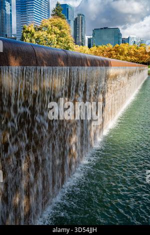 Blick auf den Bellevue City Park im Bundesstaat Washington mit Wolkenkratzern in der Ferne. Stockfoto