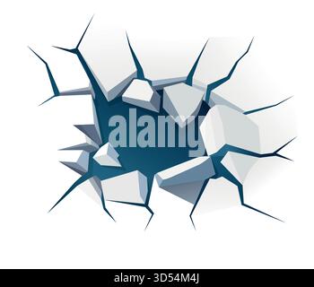 Loch mit Rissen in der Eiswand auf weißem Hintergrund Stock Vektor