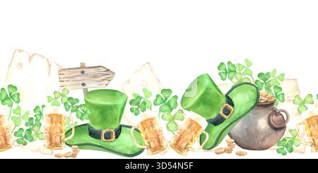 Nahtloser Rand von handgezeichneten Aquarellen traditionelle Symbole der St. Patrick's Day Feier auf isoliertem Hintergrund für Einladungen und Postkarten. Stockfoto