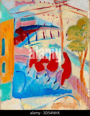 Sigrid Hjertén - Rekonvaleszenz - 1917 - das Gemälde zeigt eine Gruppe von Figuren, wahrscheinlich Menschen, die sich von Krankheit erholen (sich erholen), in einer Außenumgebung, möglicherweise in einem Park oder einer Terrasse. Die Figuren sind in leuchtendem Rot dargestellt und von einer dynamischen Landschaft aus Blau, Grün und Gelb umgeben. Stockfoto