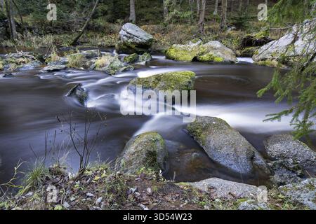 Sprudelndes Wasser fließt über Felsen in einem Waldgebiet, dem Hunterwasserweg Kamptal zwischen Zwettl und Roiten Waldviertel Niederösterreich Stockfoto