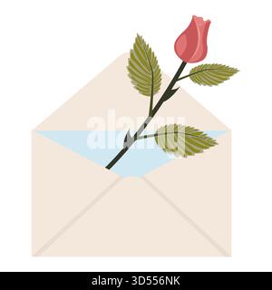 Verstaubte rosa Rose. Eine einzelne süße Knospe in einem Briefumschlag. Vektorillustration auf weißem Hintergrund. Stock Vektor