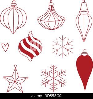 Weihnachtsbaumschmuck und Schneeflocken im Linienart-Doodle-Stil und in roter Farbe Stock Vektor
