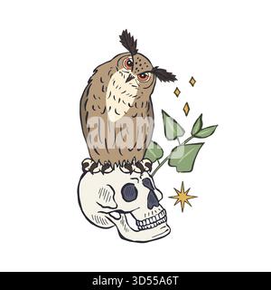 Hand gezeichnete Eule sitzt auf Schädel mit Brennesseln isoliert auf weißem Hintergrund Stock Vektor
