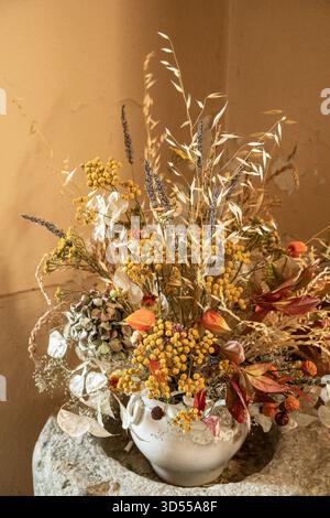 Schöne Anordnung von natürlichen getrockneten Blumen und Gräsern für einen Blumenstrauß in einer weißen Vase. Stockfoto