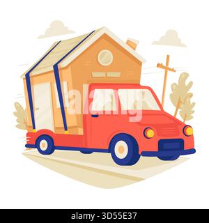 Haus bewegt Lkw auf der Straße für Verlagerung Vektor-Illustration Stock Vektor