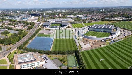 Panoramablick auf den Etihad Campus, Manchester City FC Trainingseinrichtung, Manchester, Großbritannien. Stockfoto