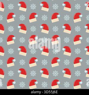 Nahtloses Muster mit Weihnachtsmützen und Schneeflocken. Vektor Winter saisonaler Hintergrund. Stock Vektor