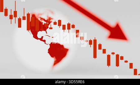 Konzept der globalen Wirtschaftskrise und des Börsencrashs. Karte fallender roter Kerzenhalter und Pfeil nach unten mit Erdkugel. 3D-Rendering Stockfoto