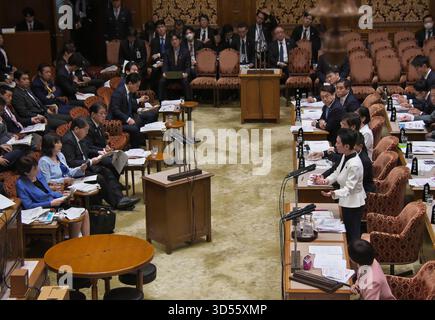 Der Abgeordnete der Verfassungsdemokratischen Partei Japans Renho befragt Premierminister Sanae Takaichi während der Sitzung des Oberhauses beim Nationalversammlung in Tokio am 12. November 2025. Stockfoto
