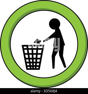 Die minimalistische Stabfigur wirft Abfall in den Korb, umrahmt von grünem, kreisförmigem Rand, flachem Vektor Stock Vektor