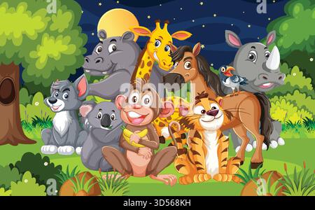 Bunte Vektor-Illustration von Dschungeltieren, die im Freien versammelt sind, helles Mondlicht, verspielter Cartoon-Stil Stock Vektor