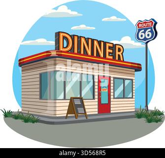 Retro-Diner am Straßenrand mit Neonschildern und Route 66 im hellen, klaren Vektorstil. Stock Vektor