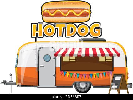 Vintage-orangener Food-Trailer mit Hot Dogs mit gestreiftem Markise, Wimpel und Tafel-Menü. Stock Vektor