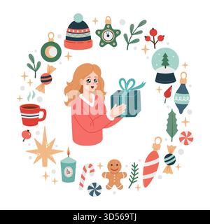 Das blonde Mädchen hält eine Geschenkbox, umgeben von weihnachtlichen Dekorationselementen. Weihnachtlicher Rundrahmen, Kopierraum. Weihnachtsdekoration, kreisförmiger Rahmen mit Leckereien, Süßigkeiten, Keksen. Vektor Stock Vektor