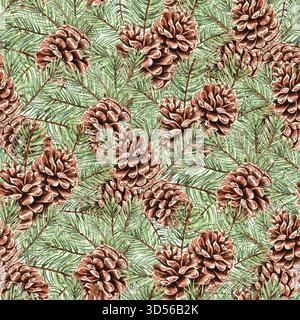 Tannenzweige in Wasserfarben mit Kegeln, nahtloses Muster für weihnachtliches Design. Handgezeichnete Illustration Fichtenzweig für die Dekoration der Winterferien. Koniferenplan Stockfoto