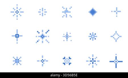 Niedliches Retro-Arcade-Spiel mit Pixelstern, schneeblauen Ikonen. Skurrile y2k glitzert, platzt. Schlicht leuchtende Sterne, Eis. . Vektorabbildung Stock Vektor