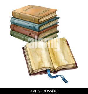 Aquarellstapel mit Vintage-Büchern und ein offenes Buch mit einem Lesezeichen. Gemütliche literarische Illustration, perfekt zum Lesen von Themen und Bildungsdesigns Stockfoto
