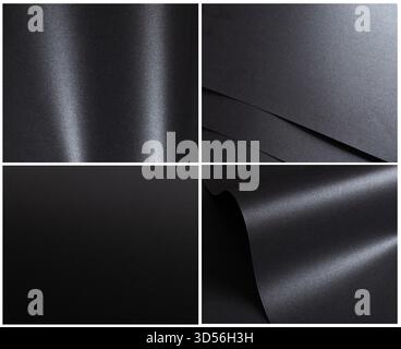 Schwarzer strukturierter Papierhintergrund mit luxuriöser, glänzender Oberfläche. Mit dezenten Texturen aus Karton und Leinwand, abstrakten Mustern und einem modernen Wellenmuster Stockfoto
