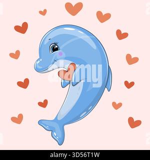 Süßer Zeichentrickdolphin mit roten Herzen. Vektorillustration des Tieres auf rosa Hintergrund. Stock Vektor