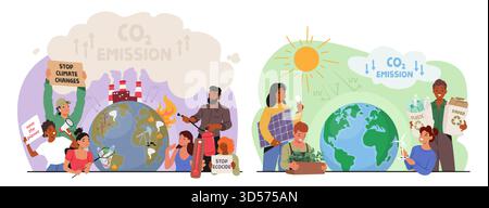 Klimaveränderung und globale Erwärmung. Charaktere Pflege von Pflanzen auf der Erde und Protest gegen Fabrikrohre, die Rauch, Luftverschmutzung, CO2 ausstoßen Stock Vektor