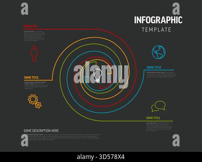 Eine dunkle, moderne Infografik-Vorlage hat ein farbenfrohes Spiraldesign. Spiralförmige Infografik-Vorlage mit minimalistischem Stil, enthält verschiedene Symbole a Stock Vektor