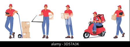 Der Kuriercharakter Transportiert Pakete Effizient Zu Ihren Zielen, Um Eine Pünktliche Lieferung Zu Gewährleisten. Versandbestellung des Zustellers mit dem Fahrrad, Trolley und Stock Vektor