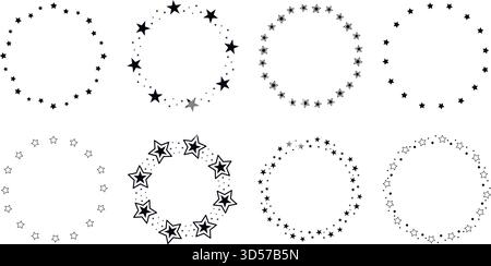 Satz einfacher schwarzer runder Sternrahmen. Sterne im Kreis bilden den Rand. Vorlage von kreisförmigen Formen mit Copyspace von Sternen. Vektorelemente Stock Vektor