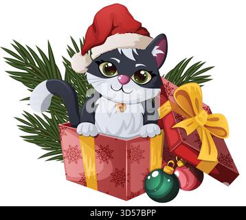 Niedlicher Tuxedo Kätzchen mit Weihnachtsmütze in Weihnachtsgeschenkbox mit Kiefernzweigen und Ornamenten. Festliche Zeichentrickkomposition Illustration Stock Vektor