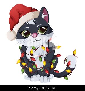 Niedlicher Cartoon Kätzchen-Charakter mit Weihnachtsmütze, die in helle Lichterketten eingewickelt ist Stock Vektor