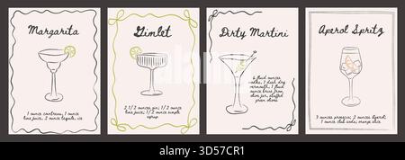 Margarita, Gimlet, Dirty Martini, Aperol Spritz Cocktailrezepte mit Zutaten. Minimalistisch skurrile Retro-Bar-Getränkeplakate, garniert. Handgezeichnet Stock Vektor
