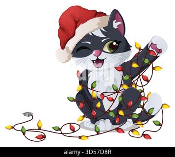 Verspieltes nettes Kätzchen im Weihnachtsmann Hut verwickelt in bunten Weihnachtsschnur Lichter detaillierte Vektor-Illustration Stock Vektor