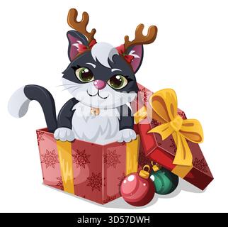 Niedliches Kätzchen mit Rentiergeweih Stirnband aus der roten Geschenkbox. Niedliche Überraschung mit Ornaments Isolated Graphic Stock Vektor